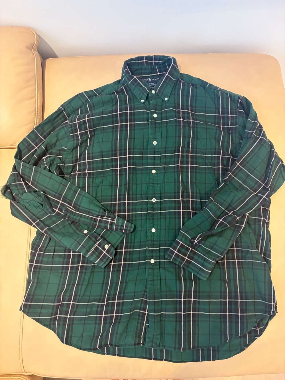 Ralph Lauren Green and Navy Plaid Button-Down Shirt Hole at elbow